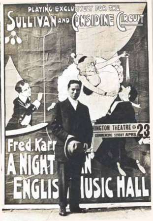 Vaudevillian Charlie Chaplin in front of a Karno advertising poster in Spokane, April 1911. (From the archives of Roy Export Company Limited)