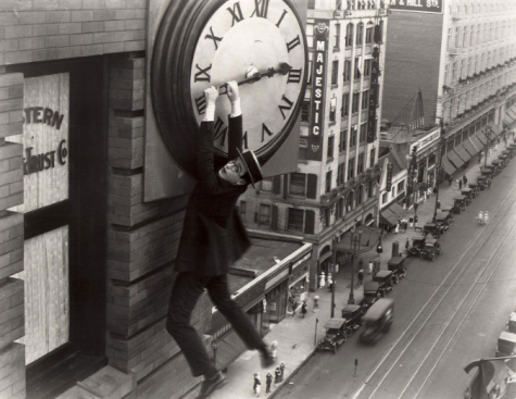 Harold Lloyd dangles from a Los Angeles building in 1923's "Safety Last."