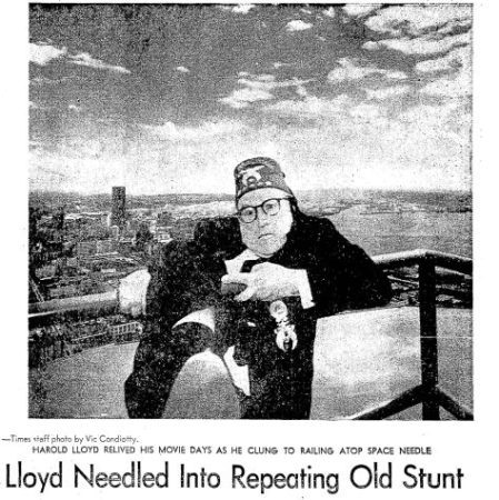 Harold Lloyd dangles from the top of the Space Needle, July 1969. (Seattle Times, 3 July 1969, Page 1)
