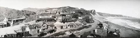 Panoramic view of the Inceville studio complex, ca. 1916, on land that is now the corner of Sunset Boulevard and the Pacific Coast Highway.