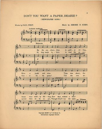 Sheet music for "Don't You Want a Paper, Dearie," from the stage musical "The Rich Mr. Hoggenheimer." (Lyrics by Paul West; music by Jerome Kern)