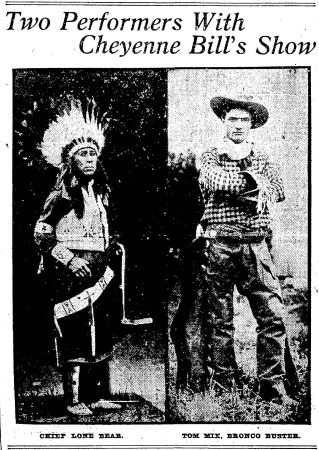 Tom Mix as he appeared in "Cheyenne Bill's Wild West Show," July 1909. (Seattle Daily Times, 14 July 909, Page 8)