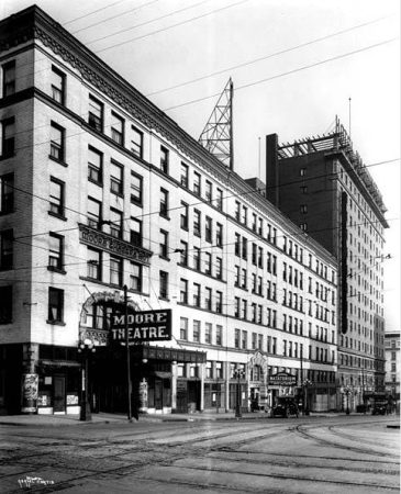 Seattle's Moore Theatre at 2nd and Virginia, ca. 1915. (Photo by Asahel Curtis, courtesy University of Washington Special Collections, Order No. CUR1295)