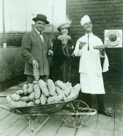 Ben Turpin in Tacoma helping promote Northern Pacific Railroad's signature dish, the "Great Big Baked Potato," ca. 1923. (Courtesy Washington State History Museum, Catalog ID 2004.69.87)