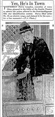 Harry Langdon clowns around in the Seattle (now Paramount) lobby in 1928. (Seattle Post-Intelligencer, 28 September 1928, Page 5)