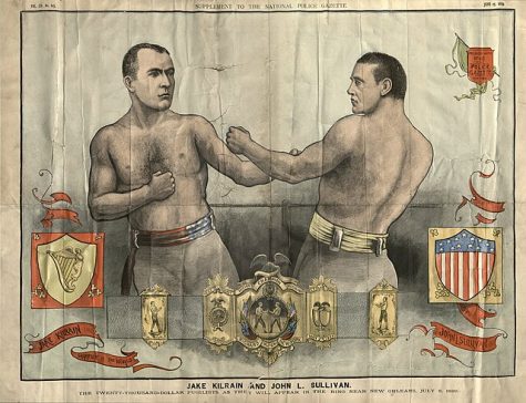 Lithograph advertisement from the Jake Kilrain-John L. Sullivan championship fight, 1899.