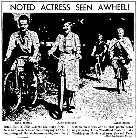 Mary Pickford and members of the "Coquette" company bicycle through Seattle. (Seattle Post-Intelligencer, 25 May 1935, Page 4)