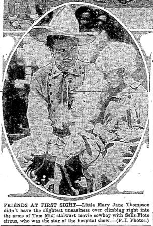 Mary Jane Thompson gets some one-on-one time with Tom Mix at Seattle's Children's Orthopedic Hospital, August 13, 1931. (Seattle Post-Intelligencer, 14, August 1931, Page 3)
