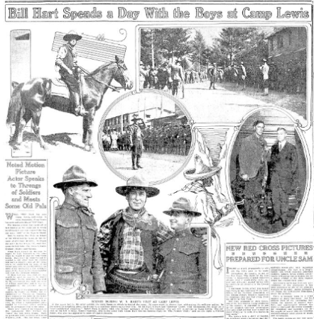 William S. Hart visits soldiers at Camp Lewis, April 1918. (Seattle Daily Times, 5 May 1918, Amusements Section, Page 8)