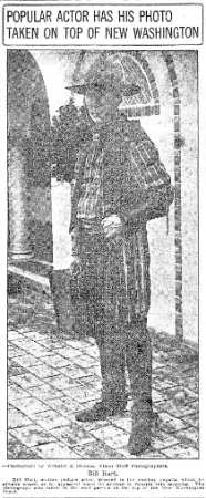 William S. Hart atop Seattle's New Washington Hotel, April 1918. (Seattle Daily Times, 19 April 1918, Page 8)