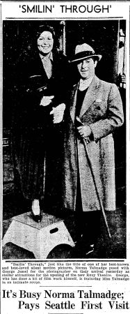 Norma Talmadge and George Jessel arrive in Seattle for their show dates, 1933. (Seattle Daily Times, 16 April 1933, Page 7)