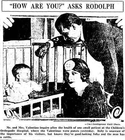 Rudolph Valentino and Natacha Rambova tour Children's Orthopedic Hospital in Seattle, June 1, 1923. (Seattle Post-Intelligencer, 2 June 1923, Page 3)