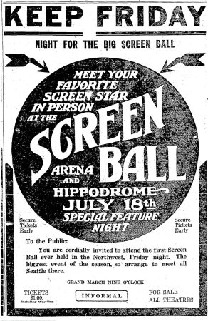 Screen Ball advertisement, July 1919. (Seattle Daily Times, 16 July 1919, Page 12)
