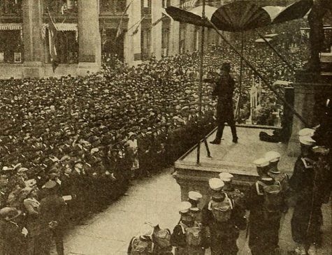 William S. Hart addresses crowds at an unidentified stop on his Liberty Loan tour, ca. 1919.
